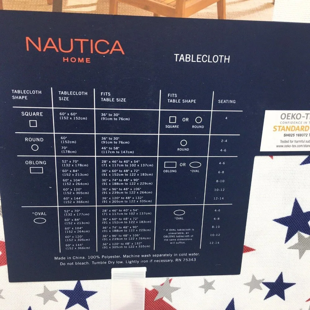 Nautica July 4th Star Tablecloth 60x104 Patriotic Silver Foil Red Blue Outdoor